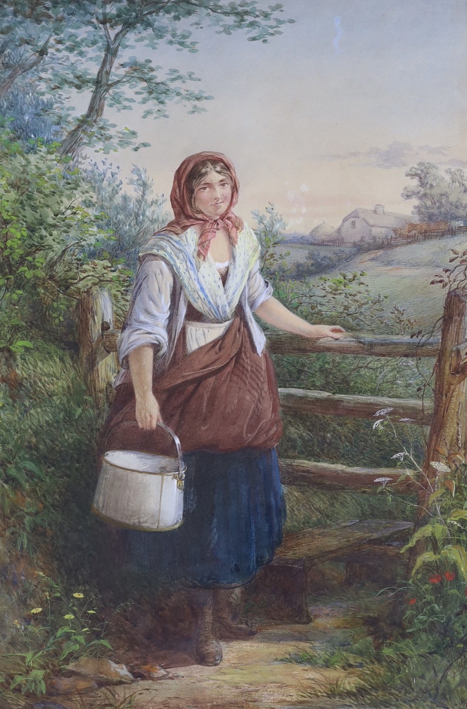 David Hardy (fl.1855-1870), watercolour, County maid beside a stile, signed and dated 1865, 54 x 36cm